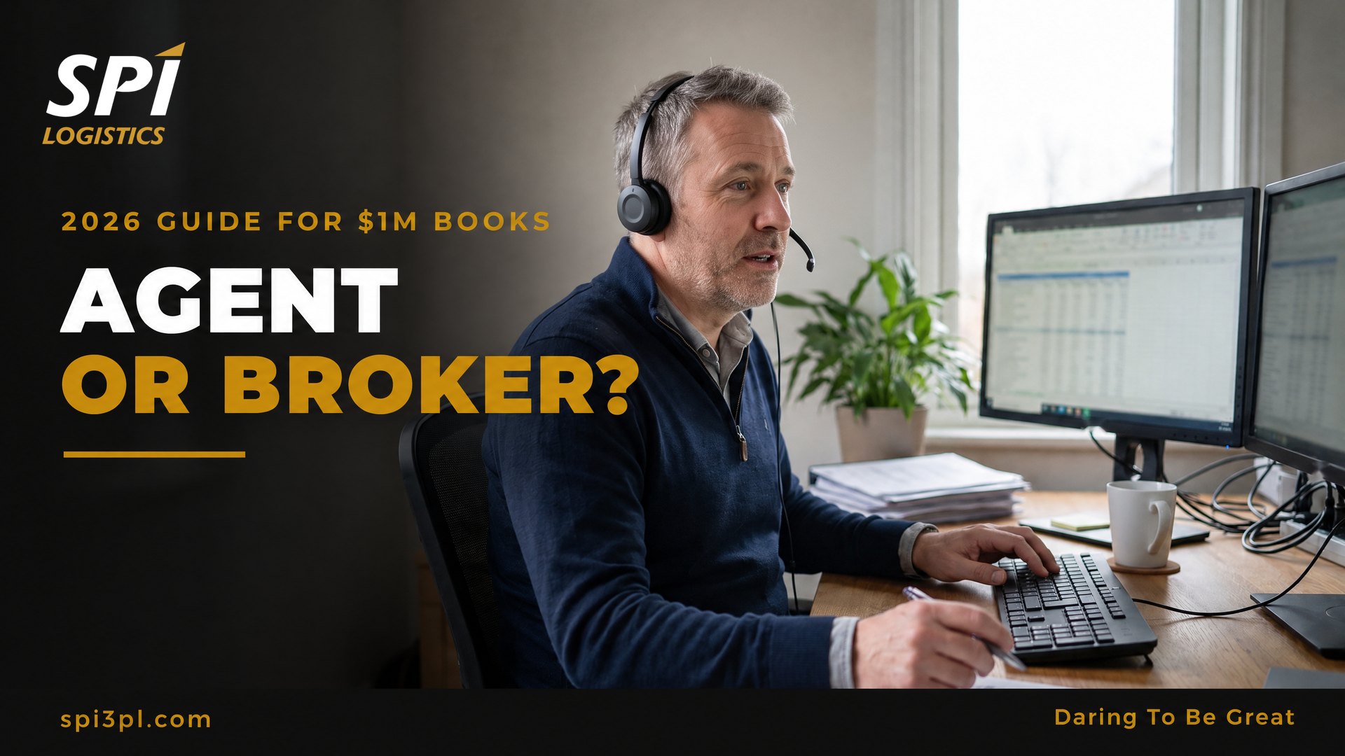 Freight brokerage owner on a headset call at a desk, weighing whether to keep running a brokerage or join a freight agent program