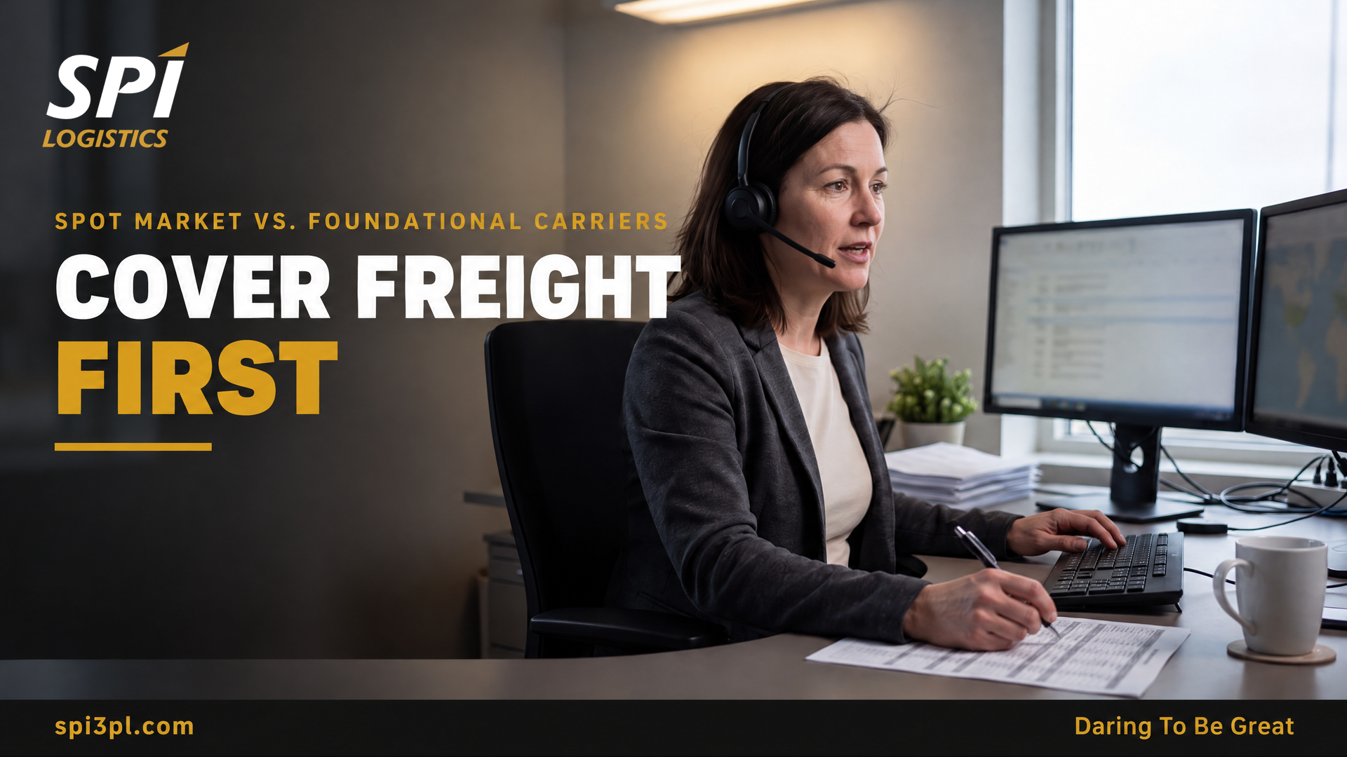 Freight agent on a headset call at a desk reviewing lane plans, under the headline Cover Freight First